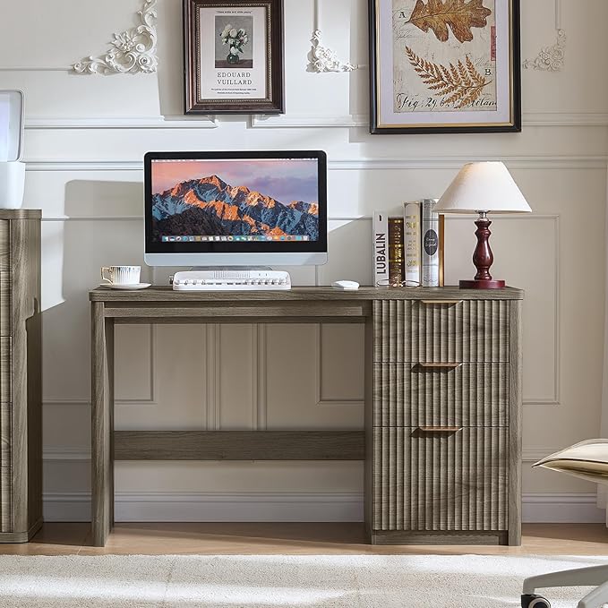 LEYAOYAO Office Desk 48 with 3 Drawers Storage File Cabinet Wood Fluted Desk for Computer Office Bedroom Home Furniture Grey