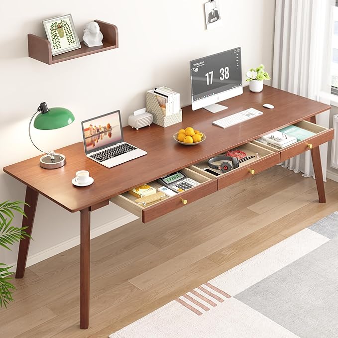 Long Solid Wood Desk with Drawers - 70.9” Mid Century Modern Executive Desk for Two People Home Office Computer Desks Vintage Writing Study Table for Any Room - 2 Person Desks -Walnut