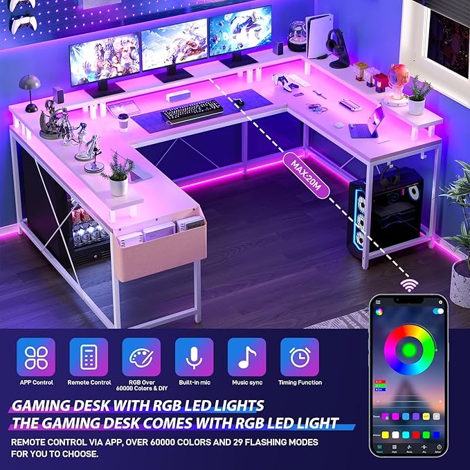 U-Shaped Computer Desk Reversible L-Shaped Gaming Table Large Corner Table with LED Light Strip Power Outlet Monitor Stand Storage Shelf for Home Office Dorm Sturdy Writing Workstation