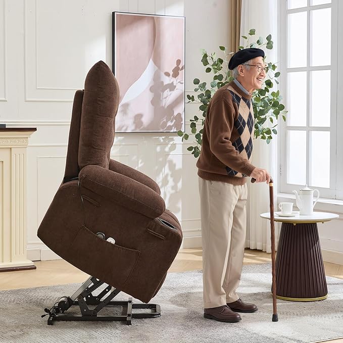 GarveeHome Power Lift Recliner Chair for Elderly with Massage and Heat Oversized Electric Massage &amp Heat Recliner with Soft Padded Upholstery Side Pocket &amp Cup Holders for Living Room Brown