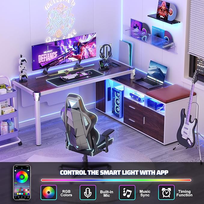 Cyclysio Large L Shaped Desk with File Cabinet and Outlet Reversible Corner Computer Desk with LED Lights Home Office Desk with Drawer Soft Cushion Espresso