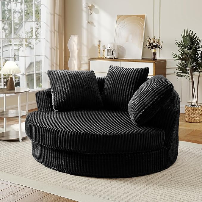 61-inch Oversized Round Chair Modern Accent Corduroy Comfy Deep Seat Boneless Foam Floor Circle Chaise Lounge Sofa Chair with 3 Pillows for Living Room Bedroom Office No Assembly Required Black