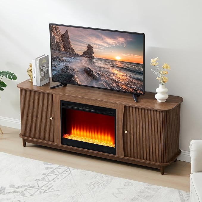 Fireplace TV Stand Fluted TV Stand with Storage and Sliding Door Farmhouse Entertainment Center Media Console Table for Living Room (Walnut)