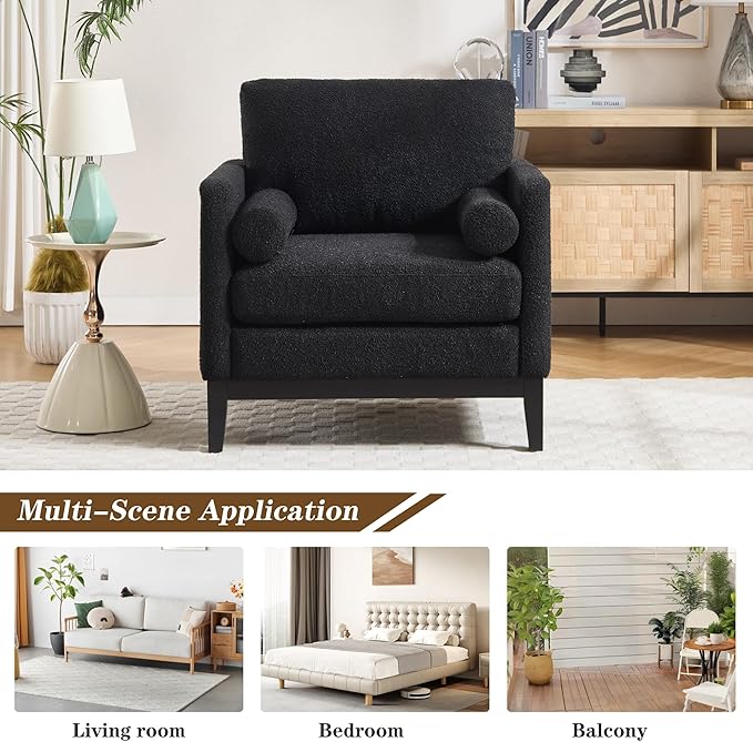 Mlmh &amp Kngwa 35.43 W Modern Accent Chair for Bedroom Upholstered Accent Chairs Single Sofa Chair with Wood Black Finish Legs Comfy Armchair for Living Room Office Black