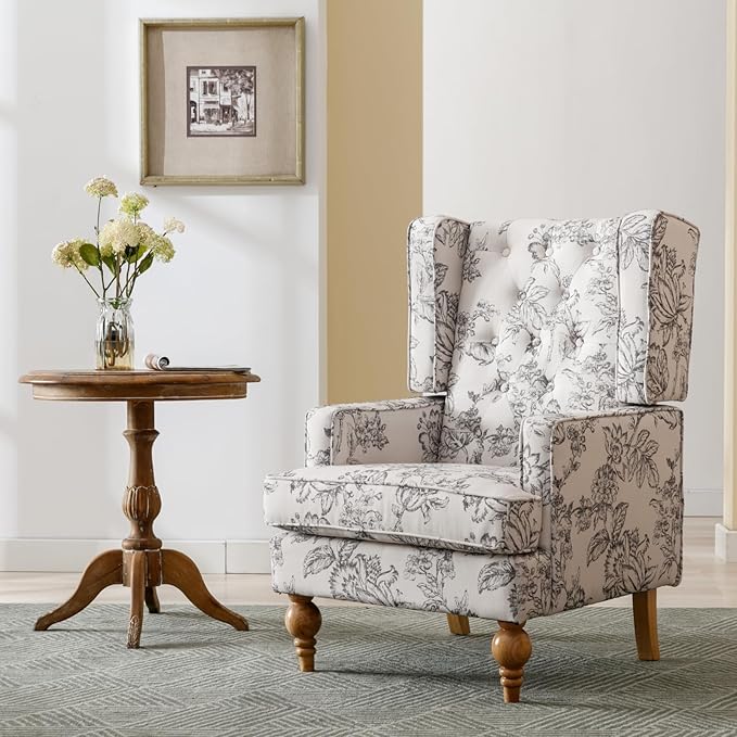 Mid-Century Accent Chair Upholstered Arm Chair Linen Fabric Side Chair with High Back Solid Wooden Legs Comfy Reading Chair for Living Room Bedroom Floral Pattern
