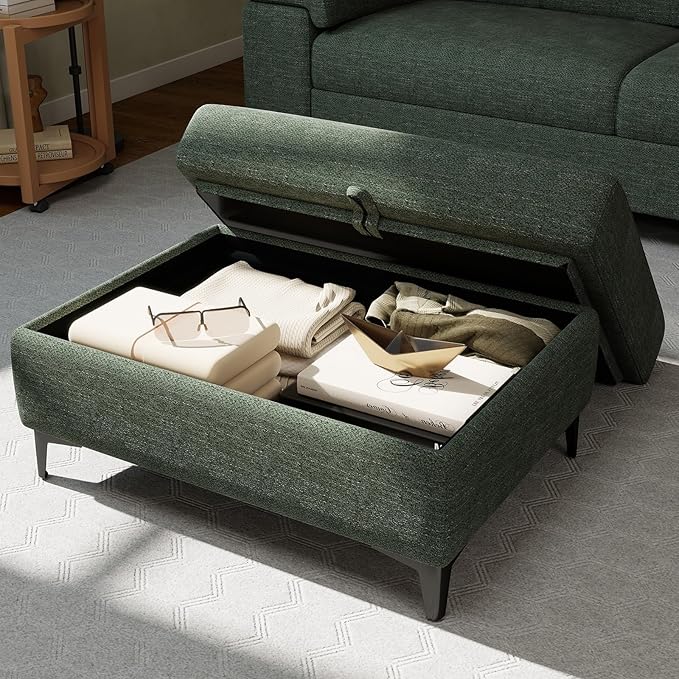 35 Large Storage Ottoman for Living Room 7.8 Deep Seat Rectangular Ottoman Foot Rest for Couch Chenille Storage Footstool Load 350 lb （Green）