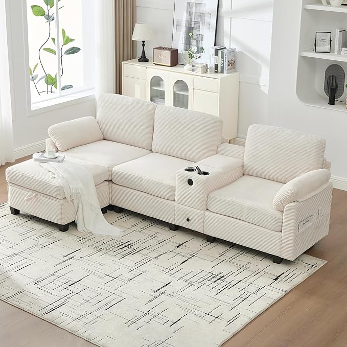 KEIKI 105 L-Shaped Oversized Corduroy Modular Sectional Sofa with 1 Ottoman and Multi Functional Console 4-Seater Upholstered Couch with USB and 2 Cup Holder Easy Assembly for Living Room Beige