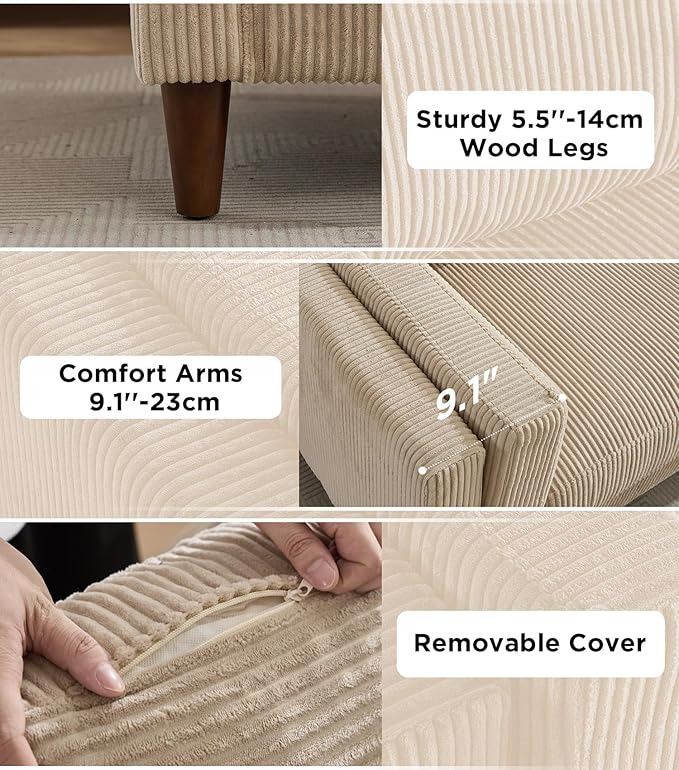 Tbfit 85 Corduroy Couch for Living Room 3 Seater Mid Century Modern Sofa with Spring Cusions for Bedroom Small Comfy Upholstered Couches Easy Assembly with Solid Wood Legs Beige