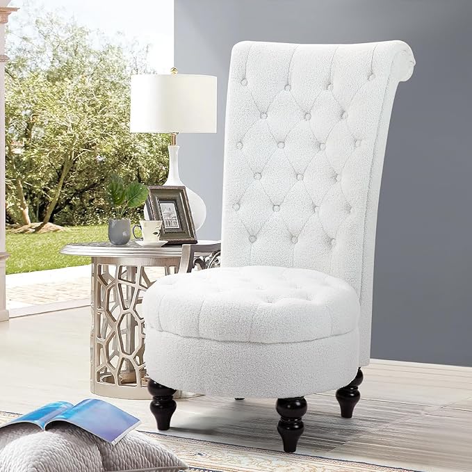 AVAWING Teddy Fleece Throne Royal Chair Set of 1 for Living Room Button-Tufted Armless High Back Chair with 24.6 Inch Large Seat Thick Padding and Rubberwood Legs White