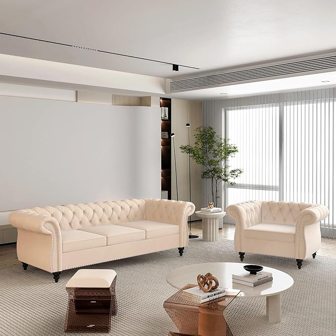 Living Room Chair Modern Velvet Chesterfield Sofa Chair Mid Century Single Sofa Couch Chair with Tufted Back and Rolled Arms Accent Sofa Chair for Living Room Apartment Beige