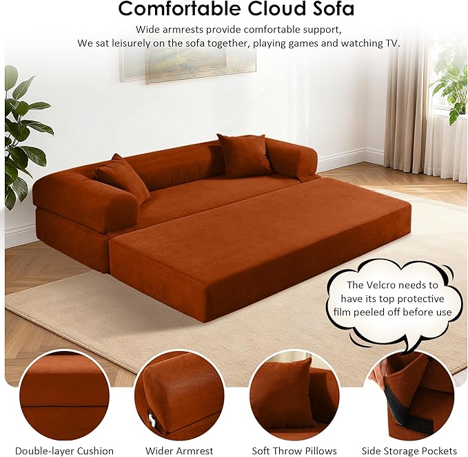 80 Convertible Sofa Bed 3-in-1 Corduroy Folding Pull Out Couch with Pillows No Assembly Modern Boneless Couch Compression Sofa in Box Floor Sofa with Side Storage Pocket for Living Room Orange
