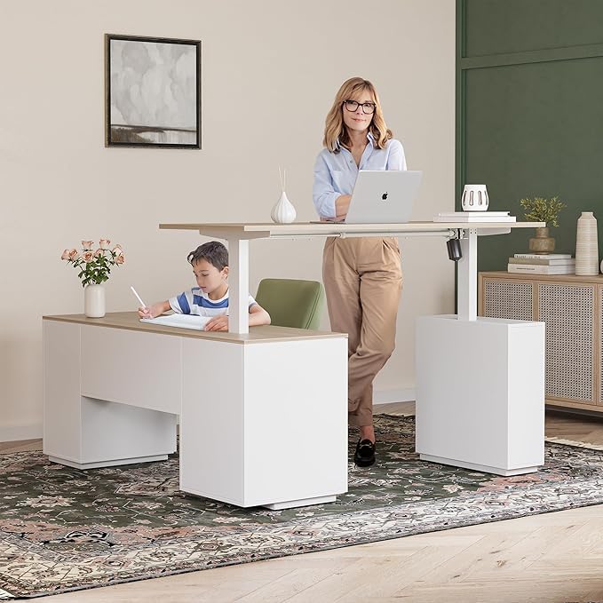 FEZIBO Electric Height Adjustable Stand up Desk for Home Office 63 L Shaped Executive Standing Desk with 3-Drawer File Cabinet Computer Desk with Storage Cabinets White Frame/Light Walnut Top