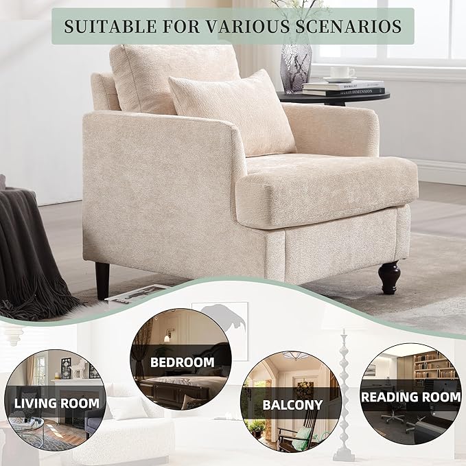 Modern Accent Chair Living Room Upholstered Chenille Armchair with Waist Pillow Single Sofa for Living Room Bedroom Office Beige