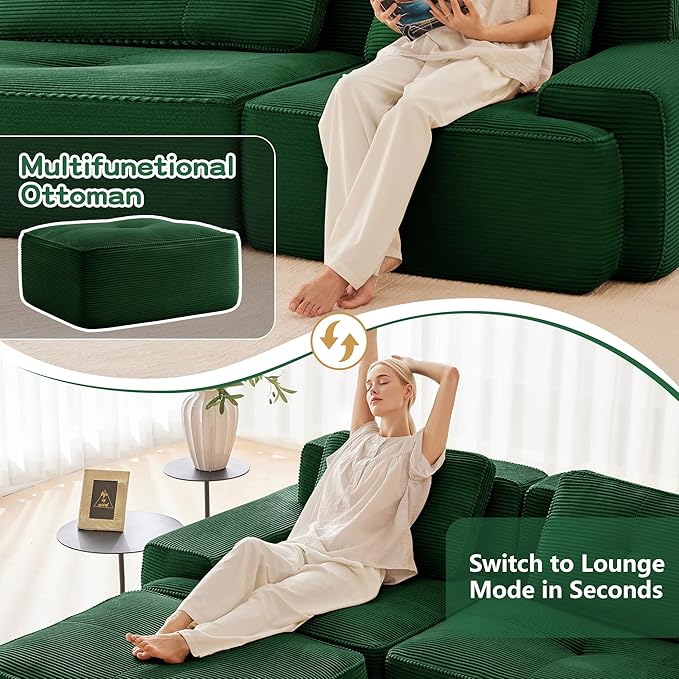 Boneless Couch Modular Sectional Sofa 153 Modern Cloud Couch with Deep Seat Comfy Corduroy L Shaped Sectional Couches for Living Room 4 Seater Tufted Floor Sofa with Movable Ottoman Green