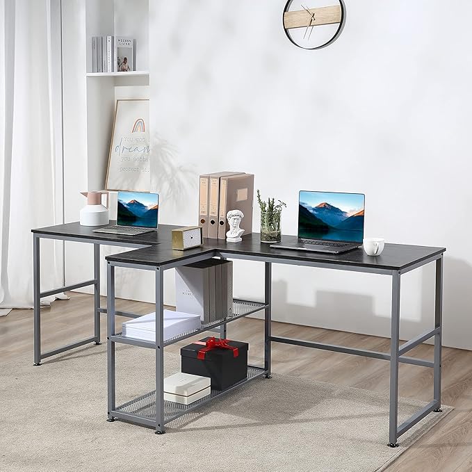 83 Two Person Computer Desk with 2 Storage Shelves Double Desk Workstation with Book Shelf Long Desk Table for Home Office Black