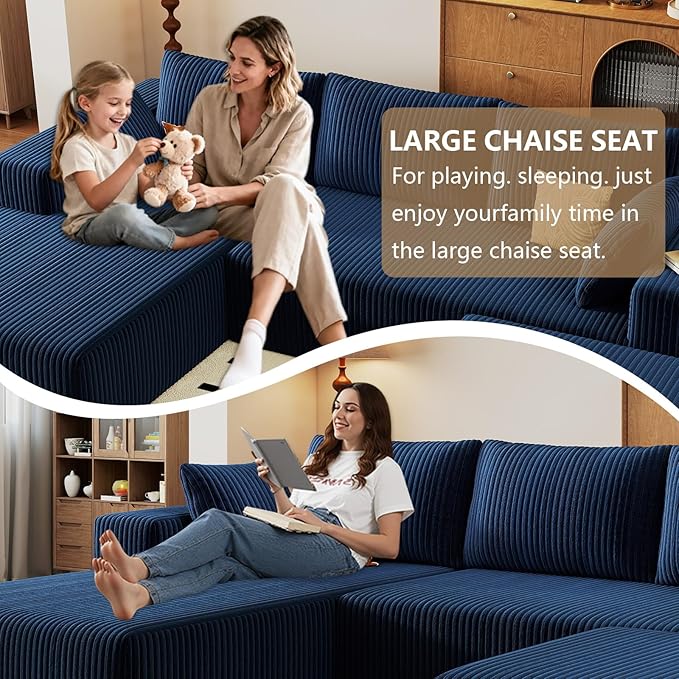 96 U-Shape Cloud Couch Modern Modular Sectional L-Shape Sofa with Ottoman Corduroy Upholstered Couches Deep Seat Sleeper Chaise Longue for Living Room No Assembly Required(Blue Left Facing)