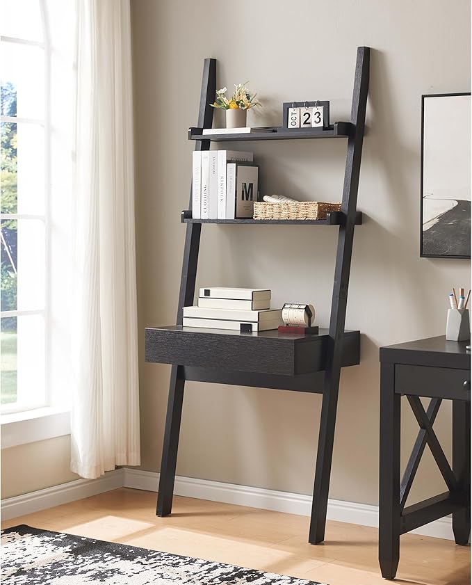 Modern Home Office Desk with Ladder-Style Bookcase–Handleless Design 1 Smooth-Glide Drawer2 Shelves (10lb Capacity Each)Ergonomic 2-Part Leg Assembly for Easy Shipping &amp Wall-Friendly Placement