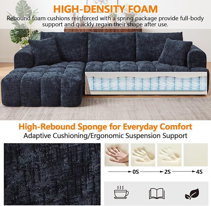 Luxury 108 L Shape Boneless Couches for Living Room Chenille Modular Sectional Cloud Sofa Couch W/Deep Seat &amp Pillows Memory Foam Couch W/Oversized Chaise (Blue Right Facing Chaise)