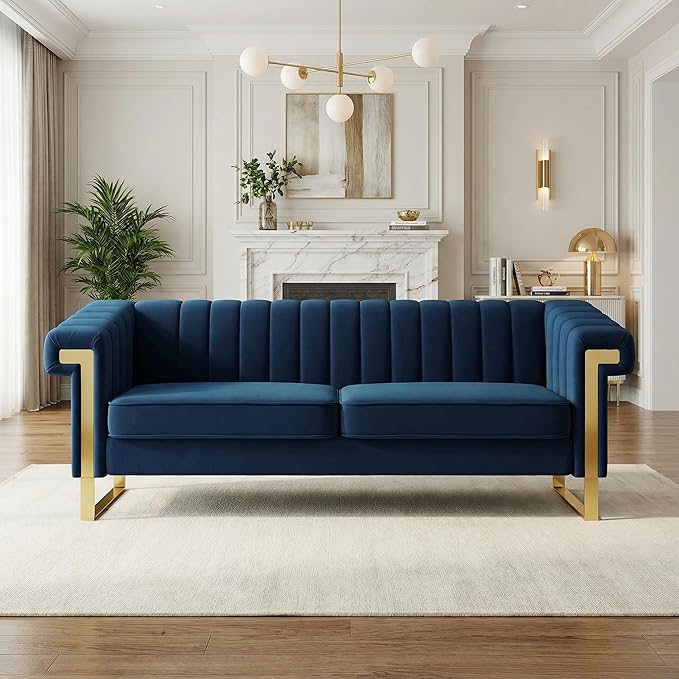 Luxury Velvet 3-Seater Sofa Mid-Century Modern Couch with Gold Metal Legs Waterfall Stitched Back Removable Cushions for Living Room Durable &amp Comfortable (Blue)