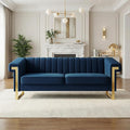 Luxury Velvet 3-Seater Sofa Mid-Century Modern Couch with Gold Metal Legs Waterfall Stitched Back Removable Cushions for Living Room Durable &amp Comfortable (Blue)