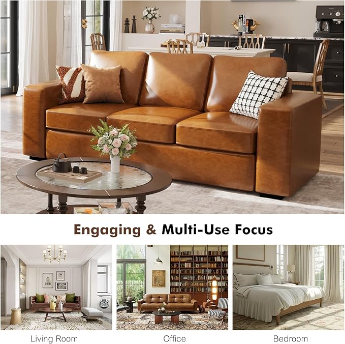 ABCASA 85 Sofa Couches for Living Room Faux Leather Sofa 3-Seater Comfy Modern Couch for Apartment OfficeBrown