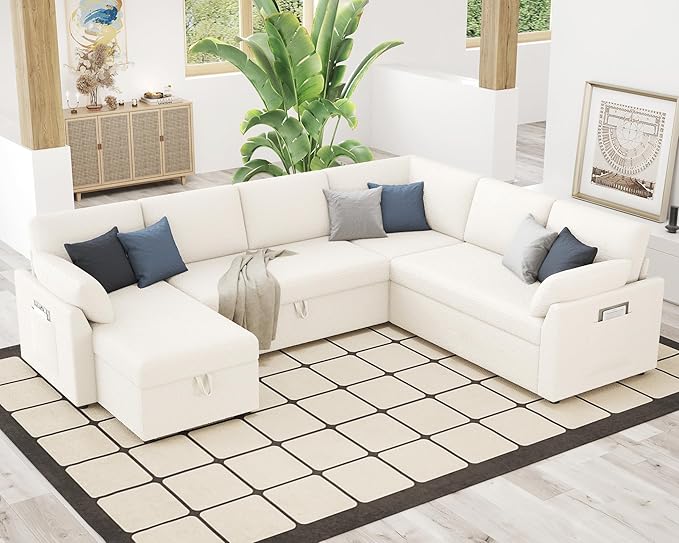 VanAcc Pull Out Sofa 112 Inch Oversized U Shape Sleeper Sofa Couch with Storage Chaise &amp 3 Seater Comfy Couch with Pull Out Bed for Living Room White Boucle