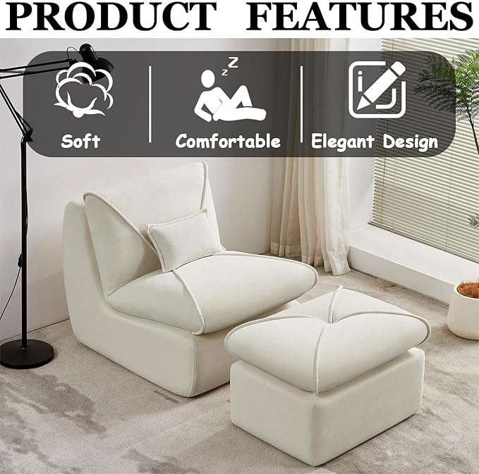 29” Oversized Lazy Sofa Chair and Ottoman Set Chaise Lounge Chair Indoor with Pillows Comfy Reading Couch for Adults Suitable for Living Room Small Spaces Memory Foam Chenille (Beige-1)