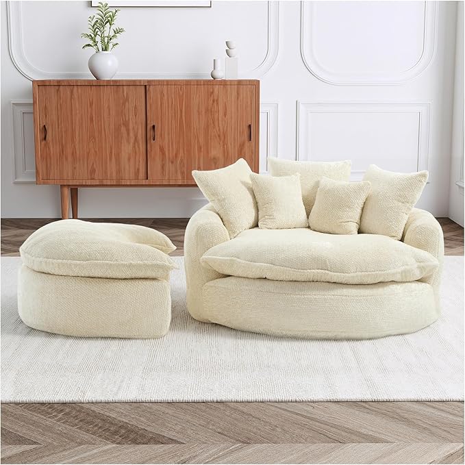 54'' Oversized Round Bean Bag Chaise Lounge Barrel Chair with Movable Ottoman Fluffy Cloud Couch Boneless Round Sofa Chair for Living Room Bedroom Apartment Beige White