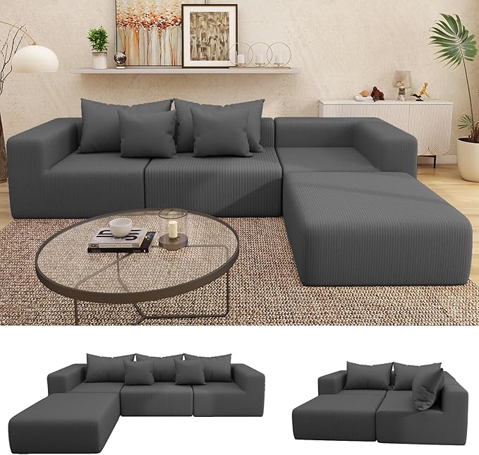 Cloud Modular Sectional Sofa for Living Room L Shaped Sectional Couch with Deep Seat 3-Seater Boneless Couch with Ottoman in Soft Corduroy Fabric Gray