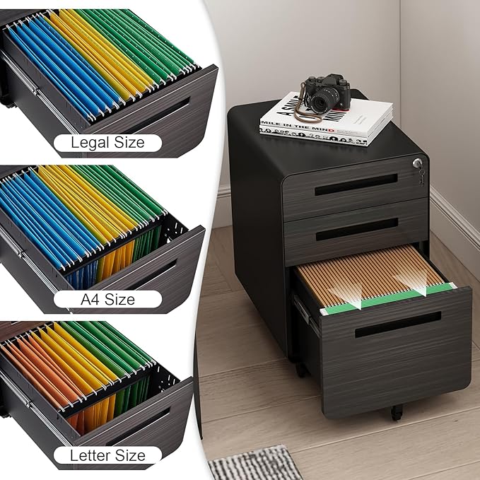 3 Drawer Mobile File Cabinet with Lock Under Desk Metal Filing Cabinet for Home Office Assembled Removable Under Desk Storage with Wheels for A4-Size/Letter-Size/Legal-Size (Light Gray)