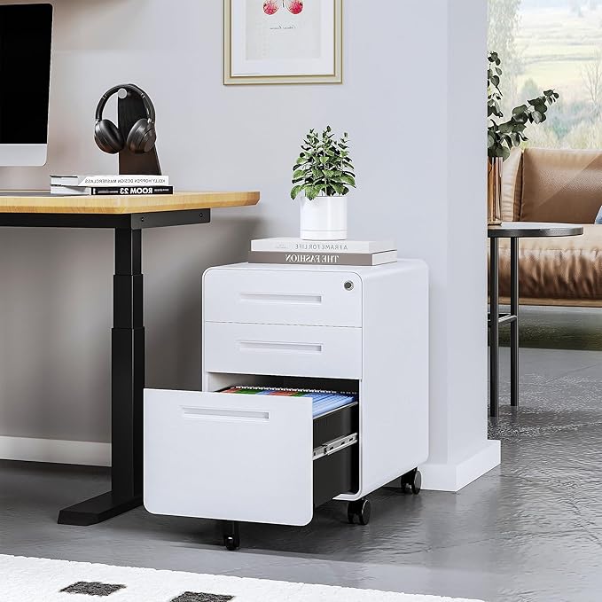 STANI 3 Drawer Filing Cabinet Metal Filing Cabinet Legal/Letter Size with Lock Mobile Storage Cabinet for Home and Office Fully Assembled Except Wheels White