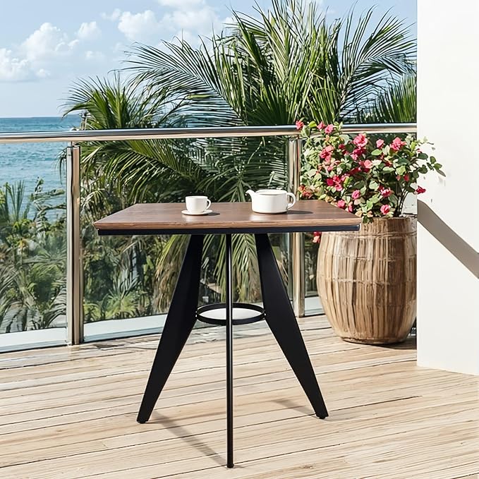 Square Cafe Table - 27.6 Oak Wood Top Metal Frame 28.15 High Modern Industrial Dining Table for Kitchen Home Office Bistro Compact for Space Saving
