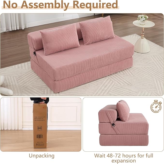 KIVENJAJA Folding Sofa Bed Full Size 3-in-1 Convertible Sleeper Sofa Corduroy Foldable Boneless Floor Futon Couch with Backrest &amp Pillows for Home Living Room Office Apartment Small Spaces Pink