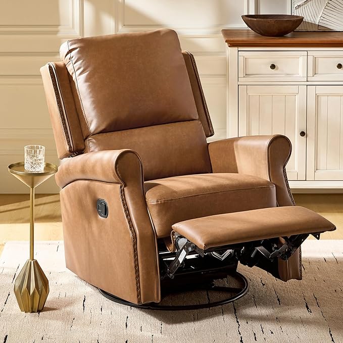 HULALA HOME Faux Leather Swivel Rocker Recliners Set of 2 with Adjustable Backrest and Footrest Push Back Recliner Chairs with Nailhead Trim Swivel Glider Rocking Chairs for Living Room Camel