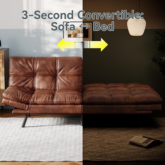 Vyfipt Convertible Futon Sofa Bed Brown Faux Leather Futon Couch with Adjustable Backrest &amp Armrests Folding Small Recliner Sleeper Sofa Bed for Living Room Apartment Office