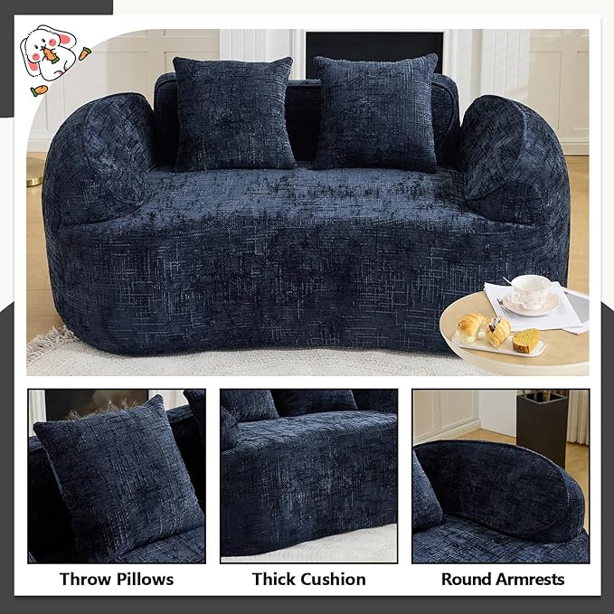 67 Curved Loveseat Sofa with 2 Pillows Modern Boneless Couch in a Box Small Cloud Loveseat for Bedroom Small Space Apartment Living Room Memory Foam Chenille No Assembly (Blue)
