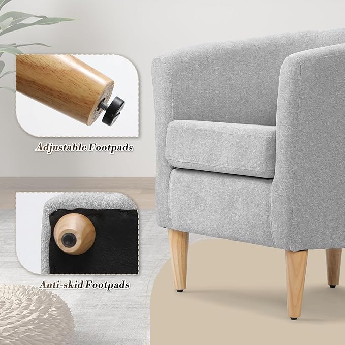 Athena Collection Modern Accent Chair with Ottoman Linen Barrel Sofa Chair Comfy Upholstered Armchair Reading Chair with Thickened Seat Cushion for Bedroom Living Room Gray