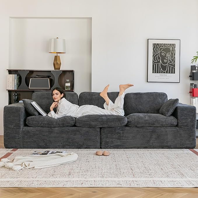 Esright 110 Oversized Sofa for Living Room Cloud Boneless Couch with Fluffy Seat Cushions 3 Seater Upholstered Floor Sofa No Assembly Required Grey