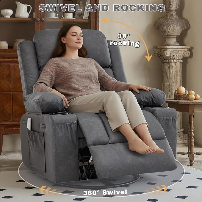 Rocker Recliner Chair with Heat and Massage360°Swivel Recliner Chair for Adults ElderlyOversized Recliner Single Sofa Seat with 2 Cup Holders and Side Pocket (Grey)