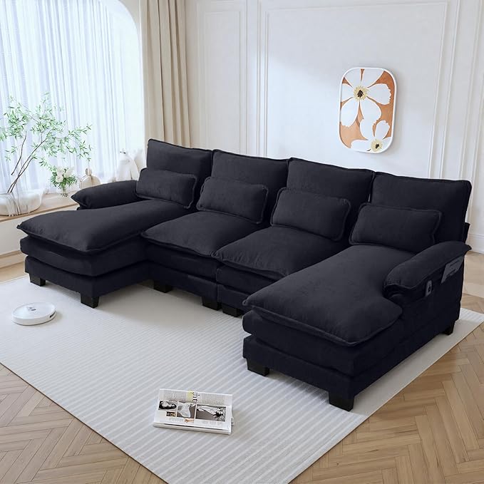 U Shape Sectional Sofa Cloud Couch Modern Chenille Comfy Modular Sofa 4 Seat Upholstery Sleeper Sofa with Double Chaise for Living Room Bedroom Black
