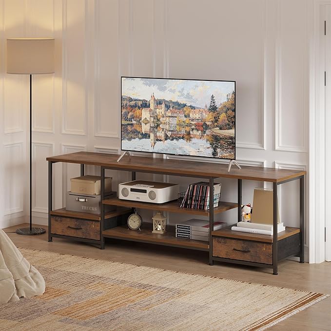 Sweetcrispy Entertainment Center with Stoage Wood TV Stand with Drawers for 75 Inch+ TVS Television Stands for Living Room Media Console with Charging Station Drawers Shelf Sturdy Frame 63'' Rustic