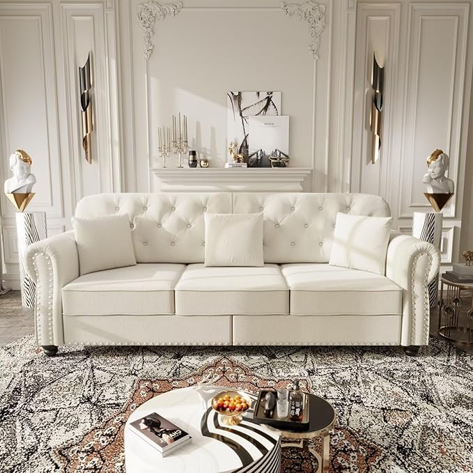 82.6 Width Beige Velvet Upholstered Sectional Sofa with 3 Footrests Button Tufted Back Nailhead Trim &amp Rolled Arms Modern Chesterfield Style Living Room Couch with 3 Pillows