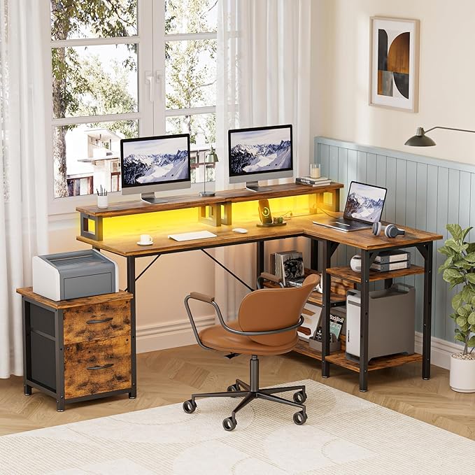 Office Desk L Shape with File Drawers&ampPower OutletYOUNGAR 69.3 Inch Reversible L Shaped Computer DesksCorner L Shape or Long Desk Set up Monitor Stand &ampStorage Shelves LED Lights &ampCPU S
