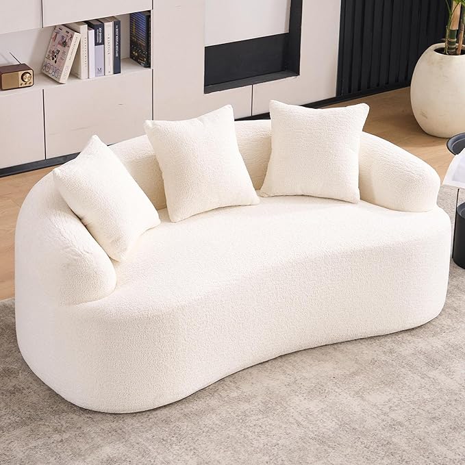65” Cloud White Curved Couch&amp Loveseat Sofa with 3 Pillows Compression Couch with Round Armrest Suitable for Small Space Bedroom Living Room Memory Foam Chenille No Assembly (Cloud White)