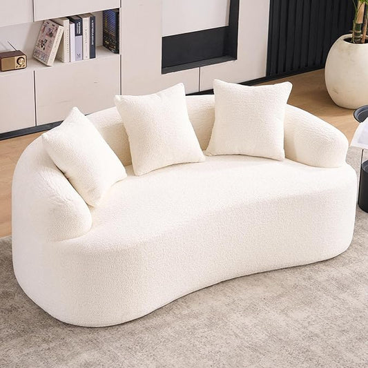 65” Cloud White Curved Couch&amp Loveseat Sofa with 3 Pillows Compression Couch with Round Armrest Suitable for Small Space Bedroom Living Room Memory Foam Chenille No Assembly (Cloud White)