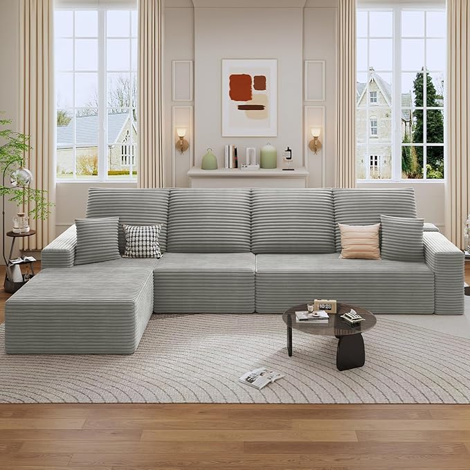135 Modular Sectional Sofa Modern Corduroy L Shaped Cloud Couch with Chaise Lounge Boneless Upholstered Couches with Deep Seat for Living Room No Assembly Required (Grey Left Facing Chaise)