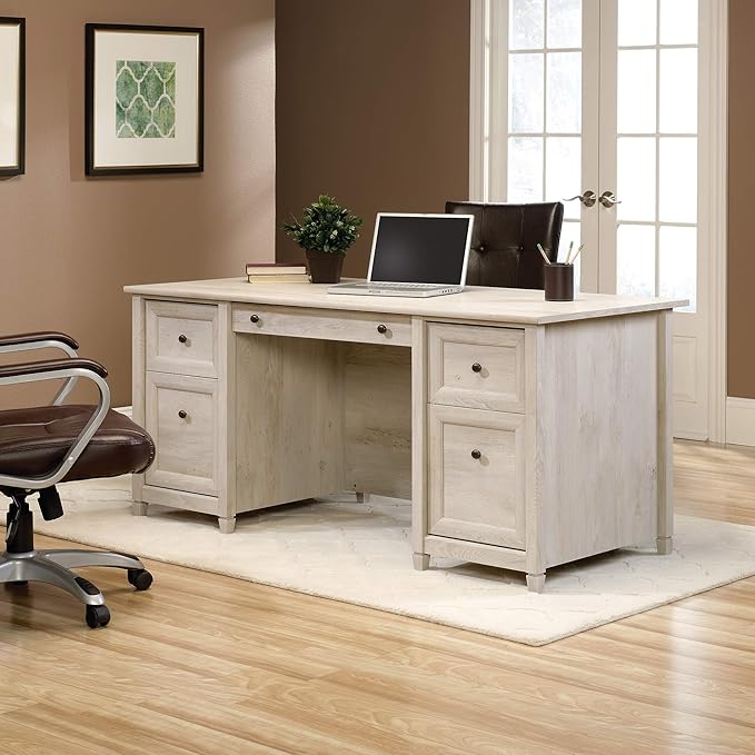 Sauder Edge Water Executive Desk Chalked Chestnut 65 Home Office Desk with Storage