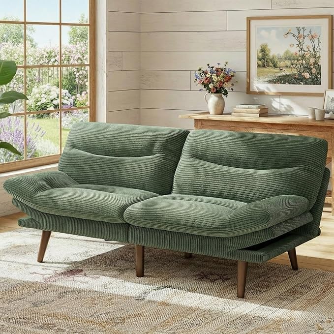 Marsail 74.8 Futon Sofa Bed Corduroy Convertible Futon Couch with Adjustable Backrest &amp Armrests Small Sleeper Sofa Loveseat for Small Apartments Study Room Office Green