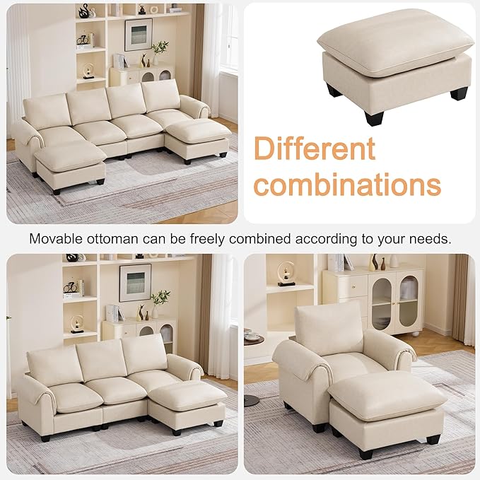 118 Faux Leather Modular Sectional Sofa with 2 Ottoman Oversized 4 Seater Couch with Curved Armrests Cloud Modern U-Shaped Sofa Deep Seat for Living Room Beige