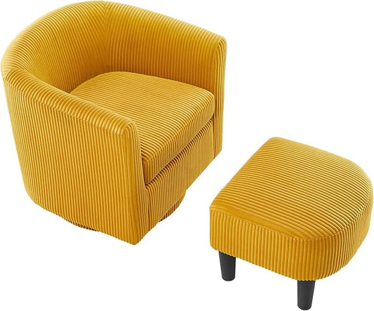 Corduroy Swivel Accent Chair with Ottoman Round Barrel Chair with Armrest Comfy Reading Chair for Living Room Bedroom Office (Yellow)